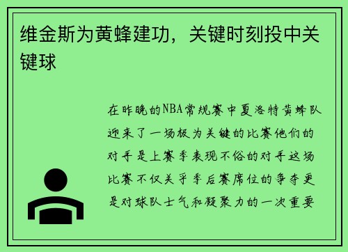 维金斯为黄蜂建功，关键时刻投中关键球